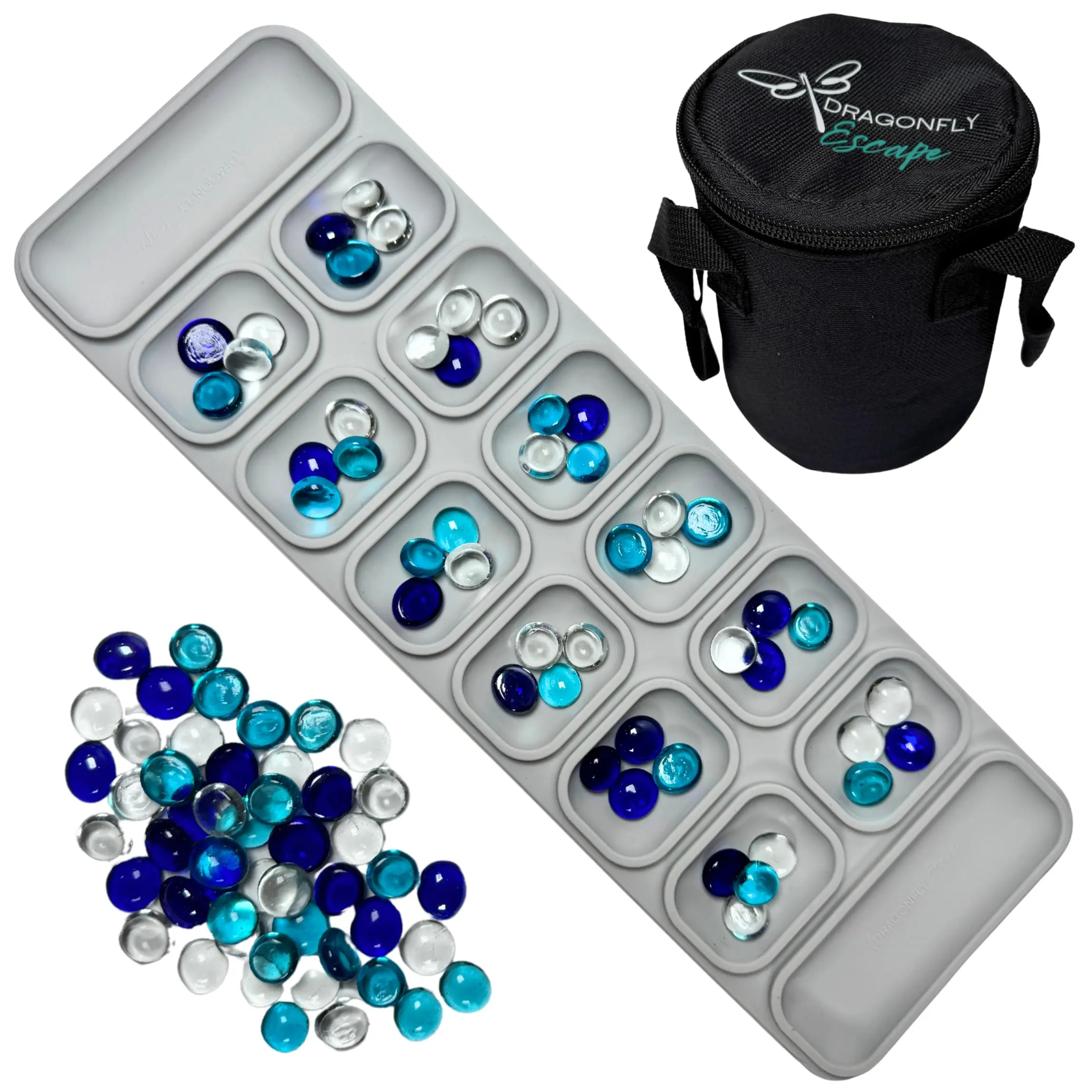 Dragonfly Escape Travel Mancala Game Set – Flexible Silicone Roll-Up Board, 50 Stones & Zippered Canvas Bag – Portable Strategy Game for Adults & Teens (Light Grey)
