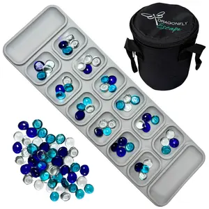 Dragonfly Escape Travel Mancala Game Set – Flexible Silicone Roll-Up Board, 50 Stones & Zippered Canvas Bag – Portable Strategy Game for Adults & Teens (Light Grey)