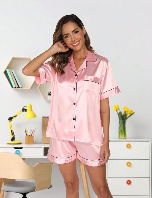 GAESHOW Silk Women Short Sleeve Button Down Sleepwear Loungewear 2 Piece Satin Pj SetsHalloween Christmas New Year - Light Green Leaf
