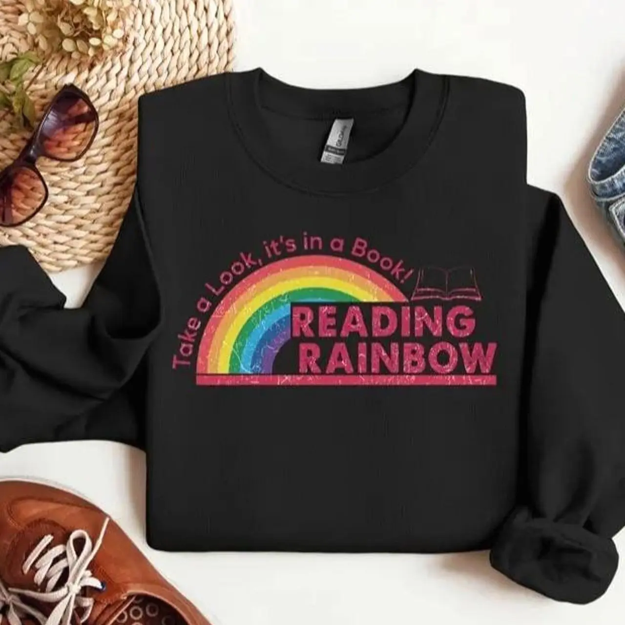 Reading Rainbow Sweatshirt, Reading Rainbow Sweatshirt, Teacher Appreciation Gift, Retro Book Lover Graphic Tee, Elementary School Teacher Apparel, Cute Classroom Educator Shirt, Literacy Librarian Gift, Cute Bookish Outfit Gift for Women & Men