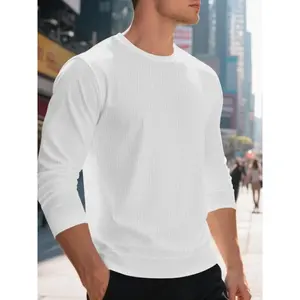 Men’s solid-color waffle-knit T-shirt | Soft crewneck long-sleeve top | Breathable casual shirt, suitable for streetwear/daily wear GARMENTARY