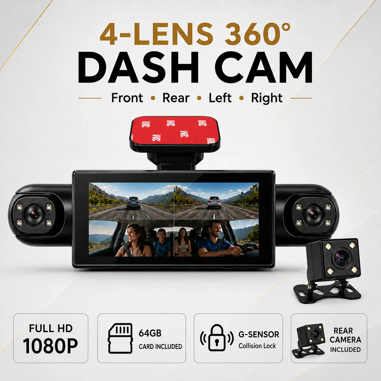 4 Channel Car Dash Cam 1080P HD DVR with 360° Coverage Front Rear Cabin Recording Camera Night Vision Parking Mode G-Sensor & 64GB Card Included