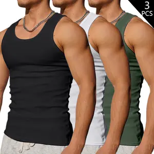 3-Pack Men's Solid Color Sleeveless Tank Tops, Breathable Casual Muscle Tees, Crew Neck Polyester, Ideal for Daily Wear, Outdoor Activities & Gym Workouts Beige Classic