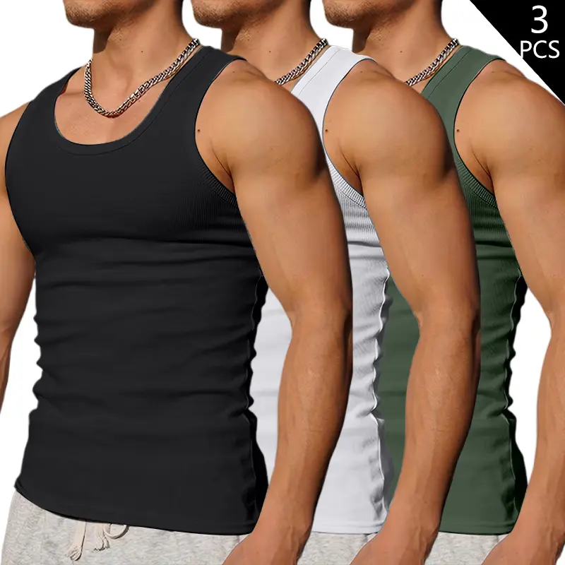 3-Pack Men's Solid Color Sleeveless Tank Tops, Breathable Casual Muscle Tees, Crew Neck Polyester, Ideal for Daily Wear, Outdoor Activities & Gym Workouts Beige Classic