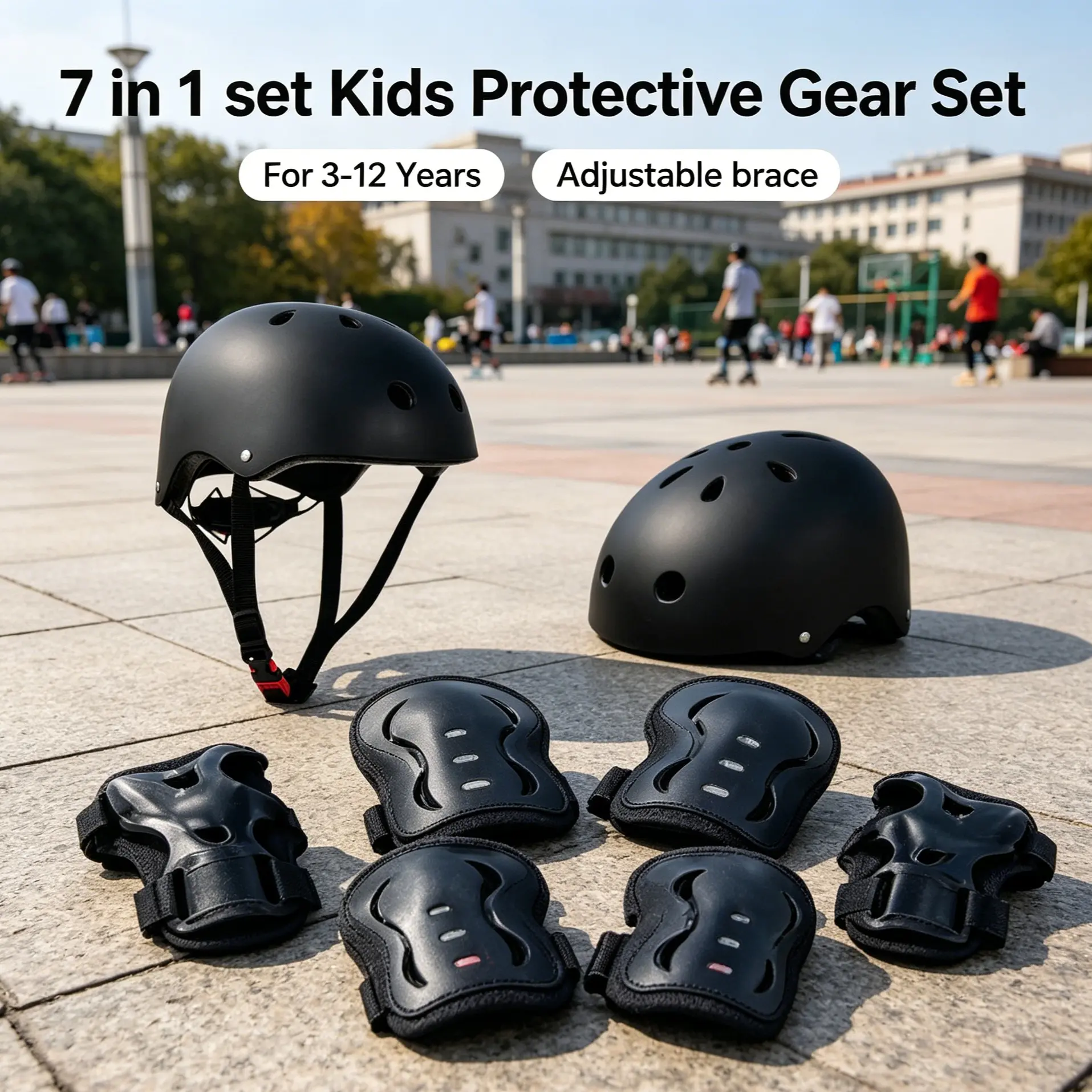 BAT DASH 7-in-1 Kids Protective Gear Set – Adjustable Helmet & Knee/Elbow/Wrist Pads for Bike/Skateboard/Scooter – Ages 3-14