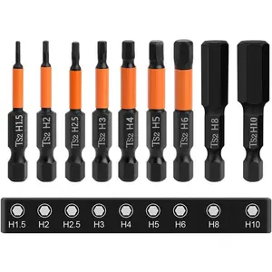 9 count Hex  Allen Wrench Drill Bit Set with  Tips, 1/4'' Hex Shank  Hex Bits Set H1.5-H10 Metric S2 Steel  Bits, 2 Inch Length