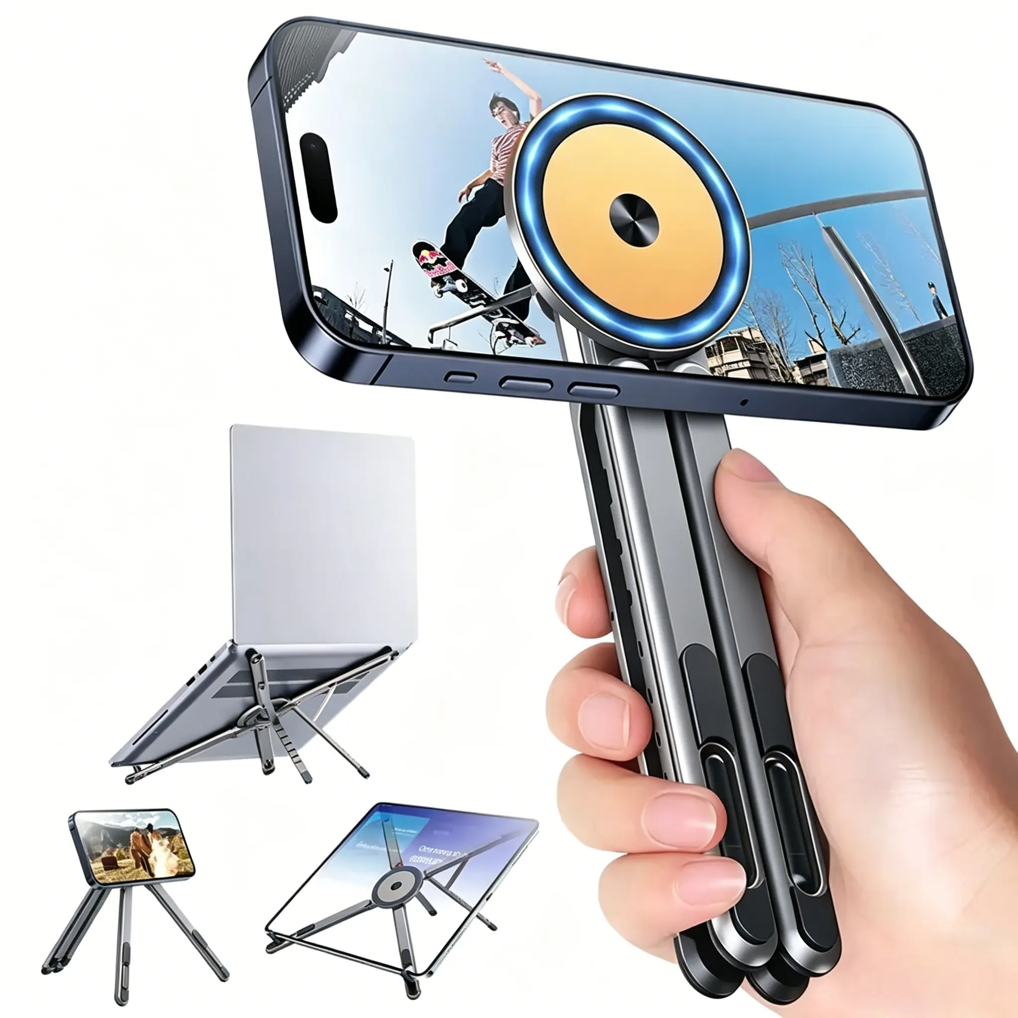 Adjustable Phone Stand,  Foldable and Portable Computer Stand. Suitable for mobile phones, tablets, and laptops. Features strong magnetic adsorption. Can be used as a phone photography stand and handheld stand. Ideal for office, home, and travel use - YY