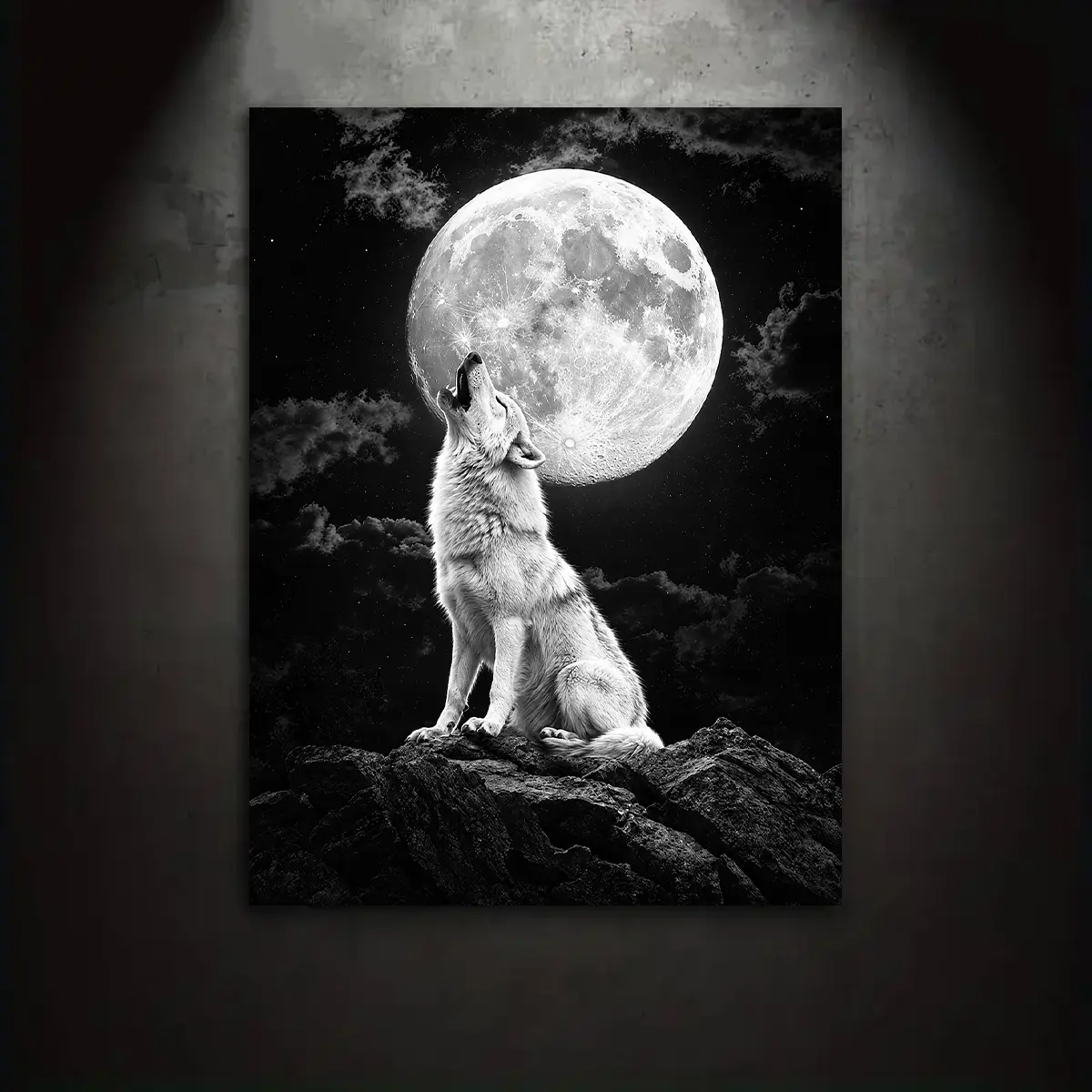 Black & White Wolf Howling at Full Moon 2D Flat Print Canvas Wall Art, Modern Room Decor Aesthetic Wall Decorations Wall Art Poster, Print Gift for Birthday, Christmas, Thanksgiving, New Year, Home Bedroom Living Room Decor