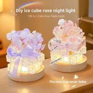 DIY Ice Cube Rose Night Light, Romantic Handmade LED Lamp with Ribbon, Unique Valentine's Day Birthday Gift for Girlfriend, Wife, Best Friend, DIY Ice Rose Night Light, Romantic Atmosphere Light for Bedroom Decoration, Girl's Valentine's Day Birthday Gift