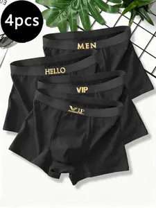 Trendy Men's Fashion Vip Boxer Belt Letter Print Solid Boyshorts (4 Pcs), Casual All-Season Comfortable Breathable Underwear