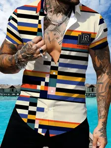 Multicolor Horizontal Stripe Square Print Shirt, Striped, European and American Style, Slim-Fitting Short Sleeve Collared Shirt, All Seasons Casual Wear