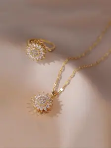 Elegant Sunflower Jewelry Set with Rotating Cubic Zirconia, Charming Copper Necklace and Ring, Stainless Steel Chain for Women, Floral Theme for Parties and Anniversaries, Trendy Jewelry Set, Fashionable Jewelry Set, Western Jewelry