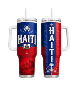Personalized Haiti 40oz Tumbler With Handle, Patriotic Haitian Flag Travel Cup - Wall Vacuum Stainless Steel, Cartoon Design, Washable Leakproof Straw Lid with Black Cap & Handle, 12H Hot/24H Cold Retention, Gift Drinkware,F lasks