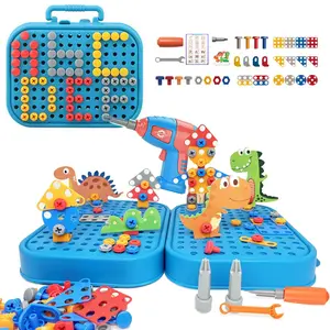Design and Drill Toy, 351 pieces Kids Dinosaur Toy Electric Drill with Toolbox, Creative Engineering Building Toy, Girls Boys Brithday Gifts for Age 6-12