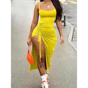 Drawstring Bodycon Cami Dress, Sexy Split Spaghetti Strap Dress -  Bodycon Style, Spaghetti Strap, Split Hem - Polyester - For Women - Perfect for Parties, Night Out, Date Night -  Great Gift for Her Swiss Dot Minimalist Short Basic Comfort