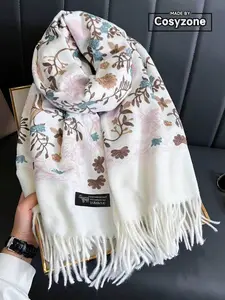 Boho Style Plant Embroidery Double Sided Paisley Scarf, Casual Soft Warm Fringe Trim Floral Embroidered Shawl for Women & Men, Fashion Accessories for Daily Wear