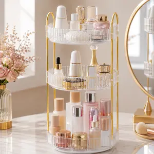 360 Rotating Makeup Organizer - 3 Tier Large Capacity Premium PET Cosmetic Storage, Spinning Skincare and Perfume Vanity Organizer with Sturdy Metal Frame, Revolving Countertop Display Holder for Bathroom