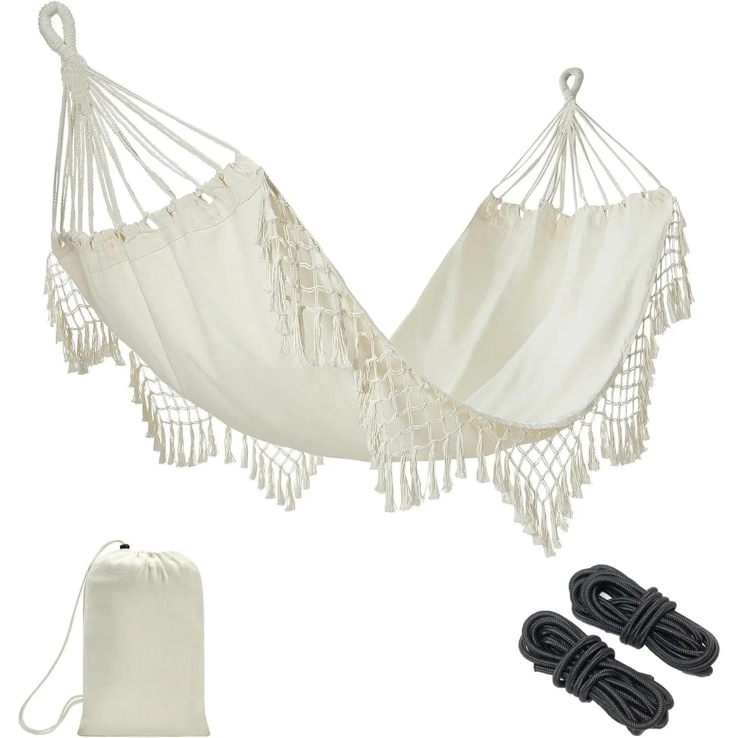 Boho Macrame Single Hammock with Hanging Ropes & Elegant Tassels 78.8x39.4 Portable Cotton Hammock for Patio Backyard Porch 300LBS Weight Capacity  for Outdoor/Indoor - Beige Color
