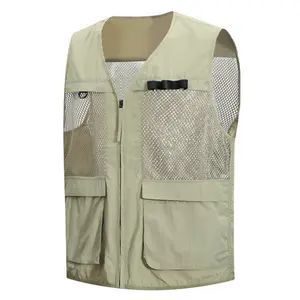 Summer outdoor solid-color mesh zip vest with oversized pockets, men’s middle-aged breathable quick-dry vest jacket for fishing, photography, hiking, and cycling; unisex design, casual vacation wear, #SummerVibes