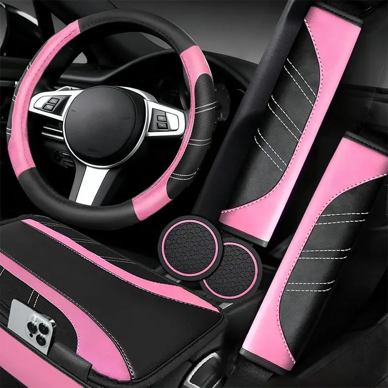 Car Interior Accessories Set: Sporty PU Leather Steering Wheel Cover (14.5-15 inch Universal), Microfiber PU Leather Car Console Cover, Seatbelt Pads, Cup Holder Pads. Suitable for Men and Women, All Seasons, Car Interior Kit