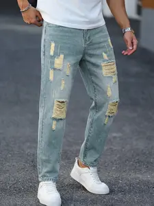 2026 American High Street Jeans for Men, Summer Fashion Slim-Fit Ripped Pants, Loose Design Straight Leg Long Trousers