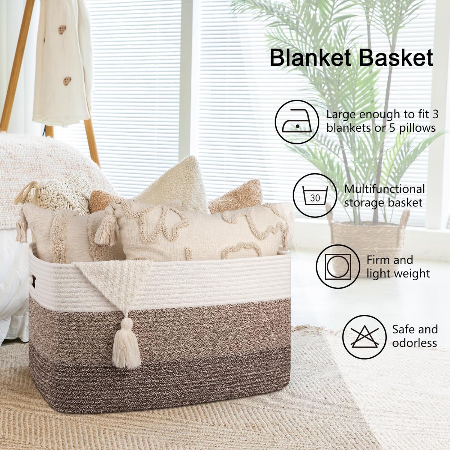 Large Blanket Basket 22"x17"x12" Rectangle Woven Baskets for Nursery Storage Living Room Toy Organizer with Handle Yellow Black Cotton Rope Woven Storage Basket