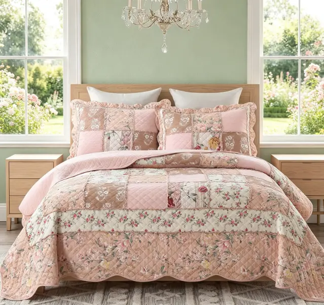 Real cotton Patchwork Pink Floral Quilt Set Queen Size, Cotton Quilted Bedding Set with 2 Pillow Shams, Soft & Breathable All Season Coverlet