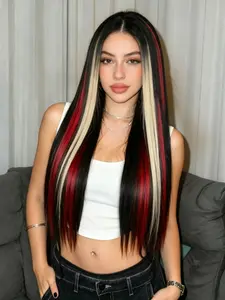 Black Red Blonde Highlight Wig 13x4 Lace Front Wig Free Parting Straight Wig Soft HD Transparent Lace Frontal Wig Pre Plucked Natural Hairline Heat-Resistant Synthetic Wig for Women Daily Wear Party Festival 28 Inches