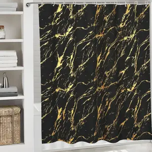 1/4-piece black-and-gold marble-pattern shower curtain set, waterproof shower curtain with 12 hooks, non-slip bathroom rug, U-shaped toilet seat cushion, toilet seat cover cushion, bathroom decor, shower curtain set—a perfect, heartfelt gift.