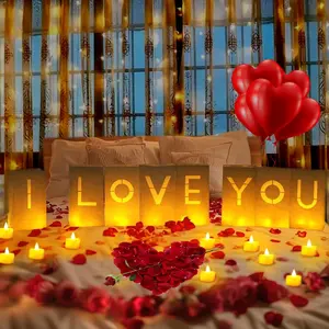 Valentines Day Decorations, Special Night Romantic Decorations - I Love You Light Up Letters Luminary Bags with Bright Flameless Tea Candles and Fake Rose Petals, Happy Anniversary