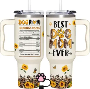 Dog Mom Gift for Women - Best Dog Mom Ever Tumbler 40oz with Handle - Pet Mom, Fur Mama, Dog Lover Birthday or Christmas Gift - Sunflower Design Cup Drinkware Lid