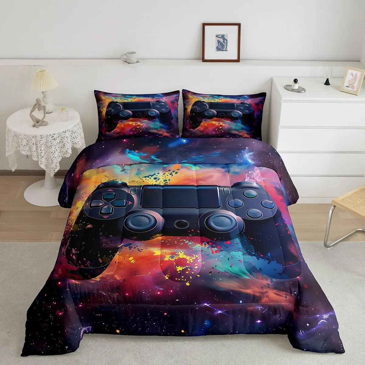 Feelyou Queen Size Funny Gamer Theme Microfiber Comforter Set - Red Black Graffiti Gamer Bedding, Game Room Decor Duvet Set, Queen Size Set