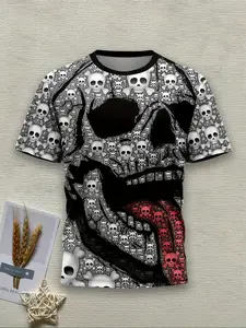 Men's Halloween Skull Skeleton Pattern Fitted Knit Round Neck T-Shirt, Lightweight Breathable Medical Student Casual Style Menswear Shirt, Summer Short Sleeve Streetwear Tops