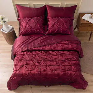 Satin Comforter Queen 7 - Luxurious Pinch Pleat with Comforter, Flat Sheet, Sheet, Pillowcases  Shams, Super Silky for (Queen, Dark Green)