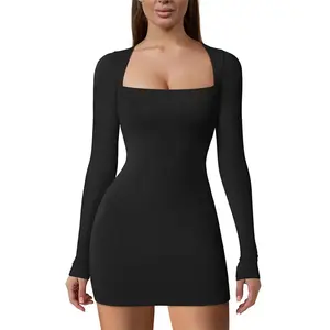 Women's Sexy Bodycon Long Sleeve Square Neck Birthday Party Stretchy Mini Dress Women's Dress