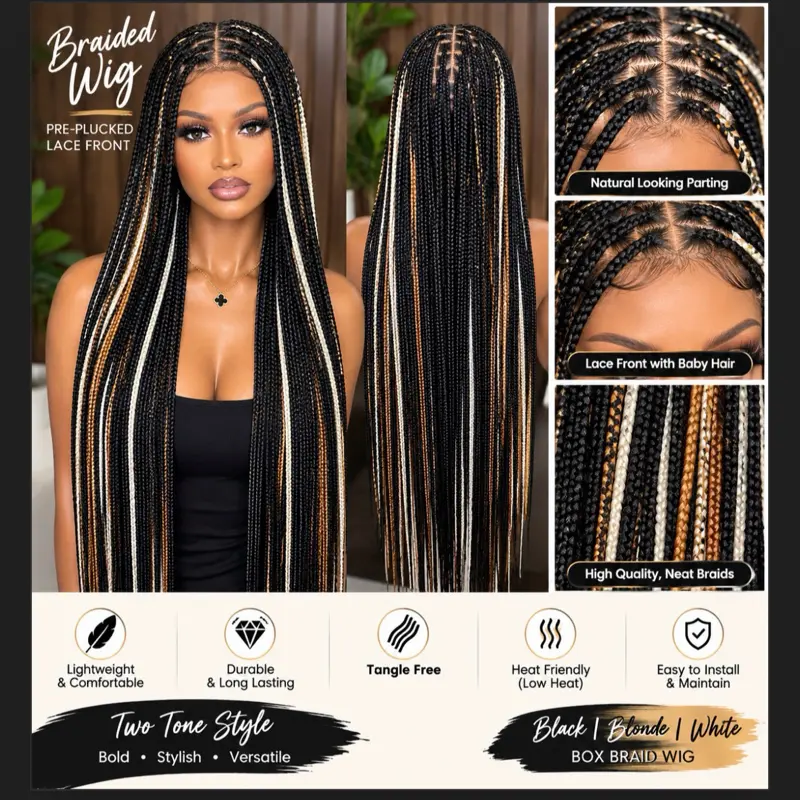 Knotless Braid Highlight Black Synthetic Full Machine Wig