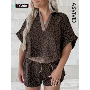 Women's Casual V-V Neck Collar Leopard Print Short Sleeve Top, Drawstring Pocket Shorts Set, High Waist Two-Piece Set, for All Seasons