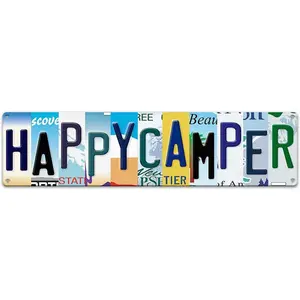 Happy Camper Metal Tin Sign - 4x16 inch Vintage Camping Decor for RV, Wall Art, Road Signs Room Decor, Gifts for Camping Lovers, Inside & Outside Use