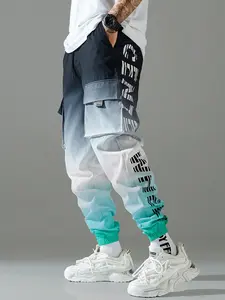 Men's Gradient Color Workwear Jogger Pants, Multi-Pocket Letter Print Hip-Hop Street Style Trendy Long Pants, 1 Piece