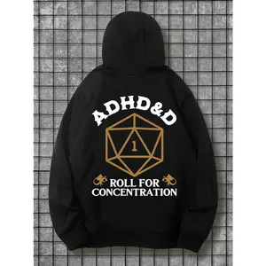 ADHD&D Roll for Concentration Cotton Hoodie - Long Sleeve, Knit Fabric, Relaxed Fit, Full Size, Fashionable Graphic Print, Perfect for Casual Outings and Daily Wear, Graphic Print Sweatshirt,Christmas Gift