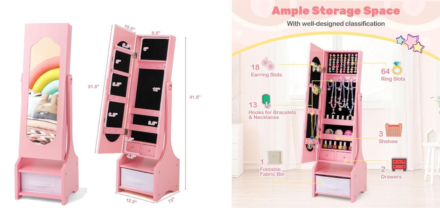 [Costway]-  Kids Jewelry Armoire Cabinet, Wooden Standing Jewelry Organizer with Full-length Mirror and Storage Drawers, gifts birthday,Christmas Festival Gift Black Friday Cyber Monday