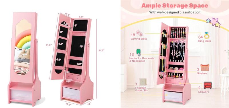 [Costway]-  Kids Jewelry Armoire Cabinet, Wooden Standing Jewelry Organizer with Full-length Mirror and Storage Drawers, gifts birthday,Christmas Festival Gift Black Friday Cyber Monday