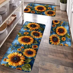JIT 2/3 pieces Summer Blue Check Sunflower Pattern Carpet Decor Gift - Kitchen Carpet Set, Flannel Side Cushion Set Rug - Non-slip Washable Soft Rug for Kitchen, Laundry Room, Corridor Floor Running Pad Carpet