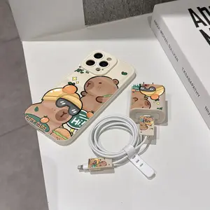 5 Piece Set Cute Capybara Phone Case, Charger Head Cover, Cable Protector, Storage Rope, Anti-Drop Shockproof Tpu Case for iPhone 6/7/8/x/11/12/13/14/15/16/17 Pro Max Accessories