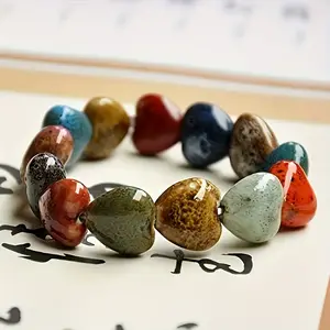 Colorful Ceramic Bracelet with Heart And Square Designs, Featuring Bohemian Style And High-Temperature Kiln-Fired Ceramic Beads. Ideal Gifts for Back-To-School Season, Birthdays, Christmas, Valentine'S Day, Thanksgiving, Or Mother'S Day