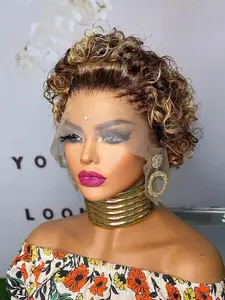 Highlight Short Pixie Cut Wig, Transparent 13x4 Lace Frontal, Short Curly Human Hair Wigs for Women, Deep Wave Lace Front Wig, Fluffy Wave Wig