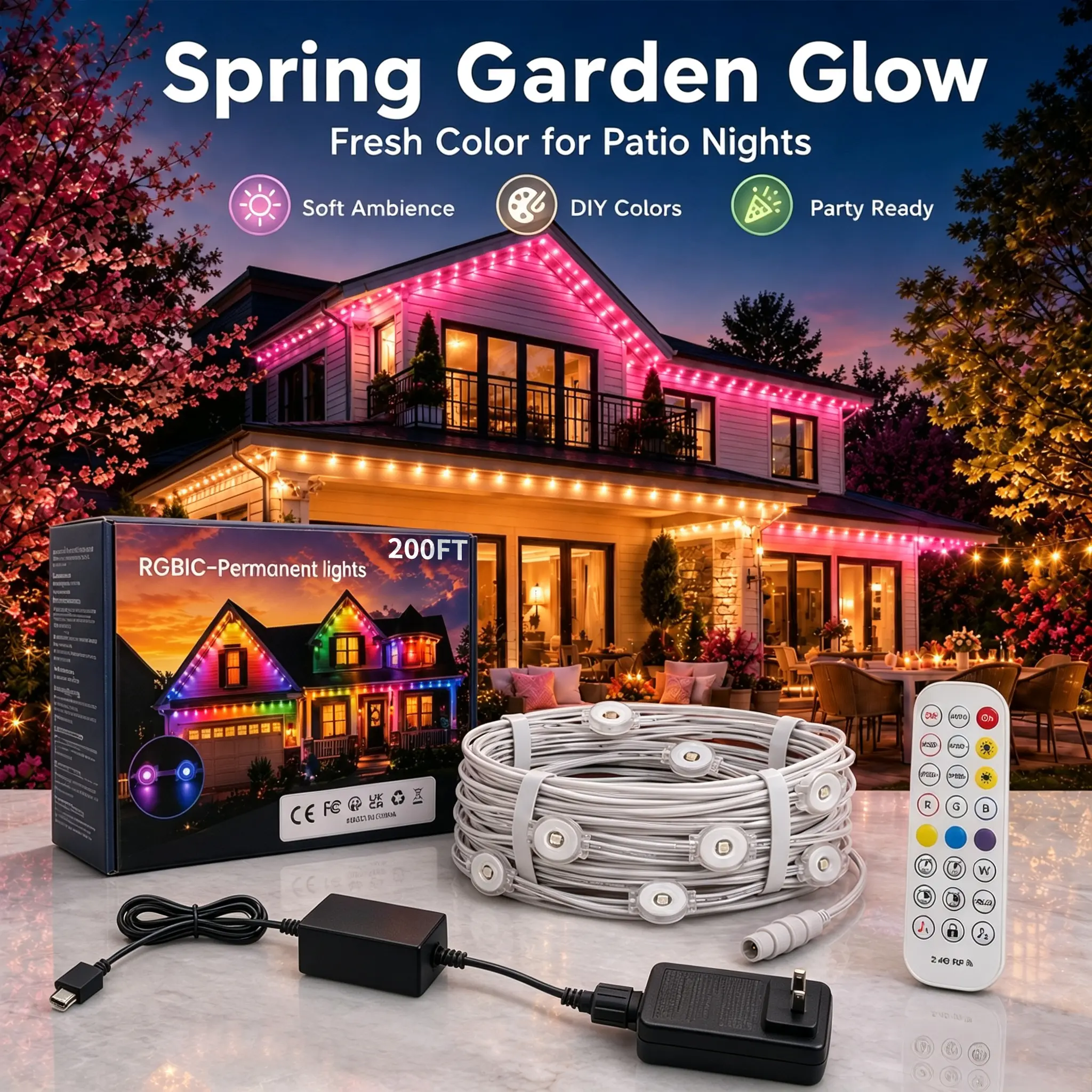 200FT/100FT,Permanent Outdoor LED Eave Lights,Smart RGB Waterproof Eave Lights, RGBIC Color Changing Smart Lights, Waterproof, App & Bluetooth Control,DIY Scene Mode Music Sync, For Roof Eaves, Christmas, Halloween, Daily Home Decoration luces