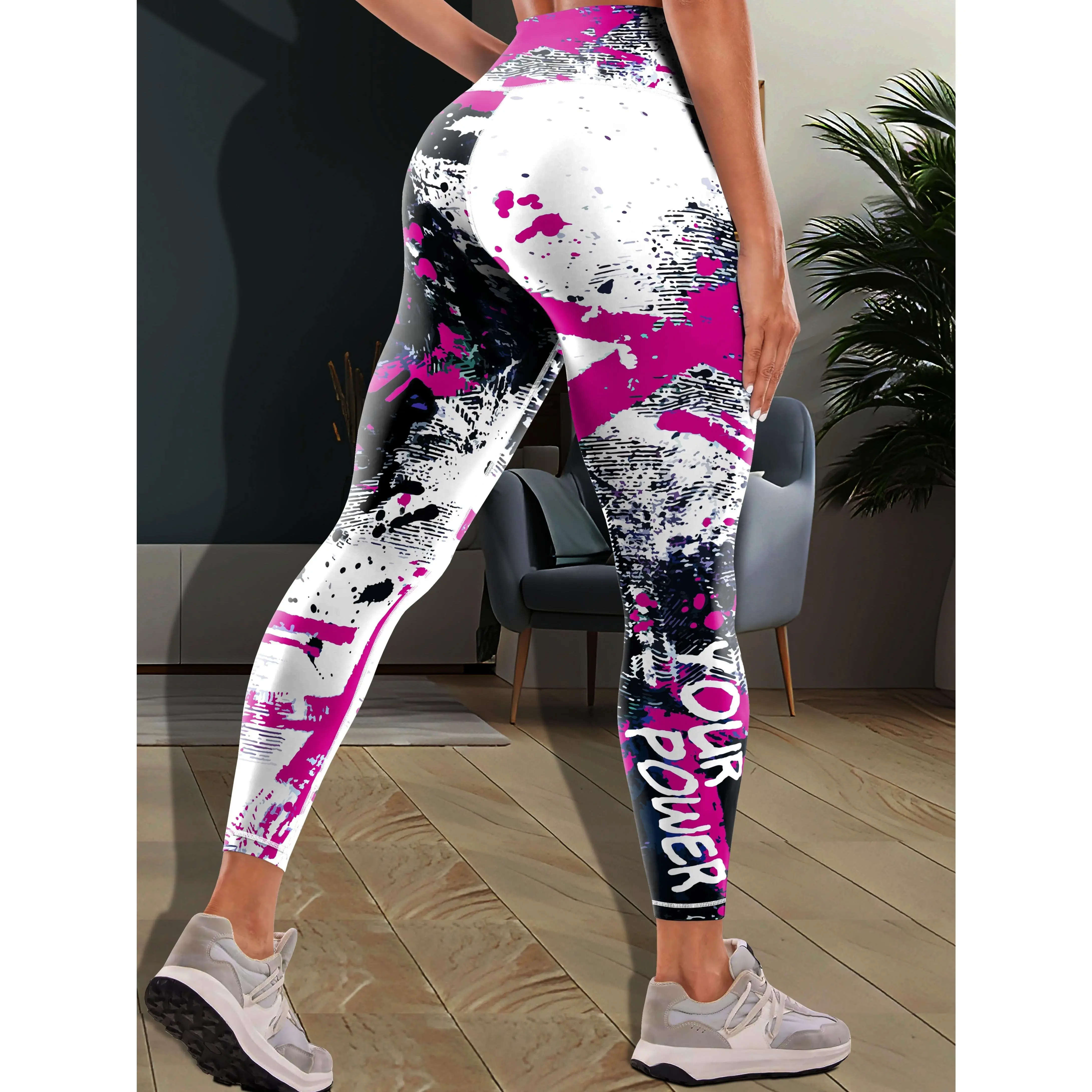 Plus Size Sports Leggings, Side Stripe Print Yoga High Waist Sports Leggings, Color Block Graffiti Hip Lift Tummy Control Running Fitness Pants, Women's Fashion Sportswear