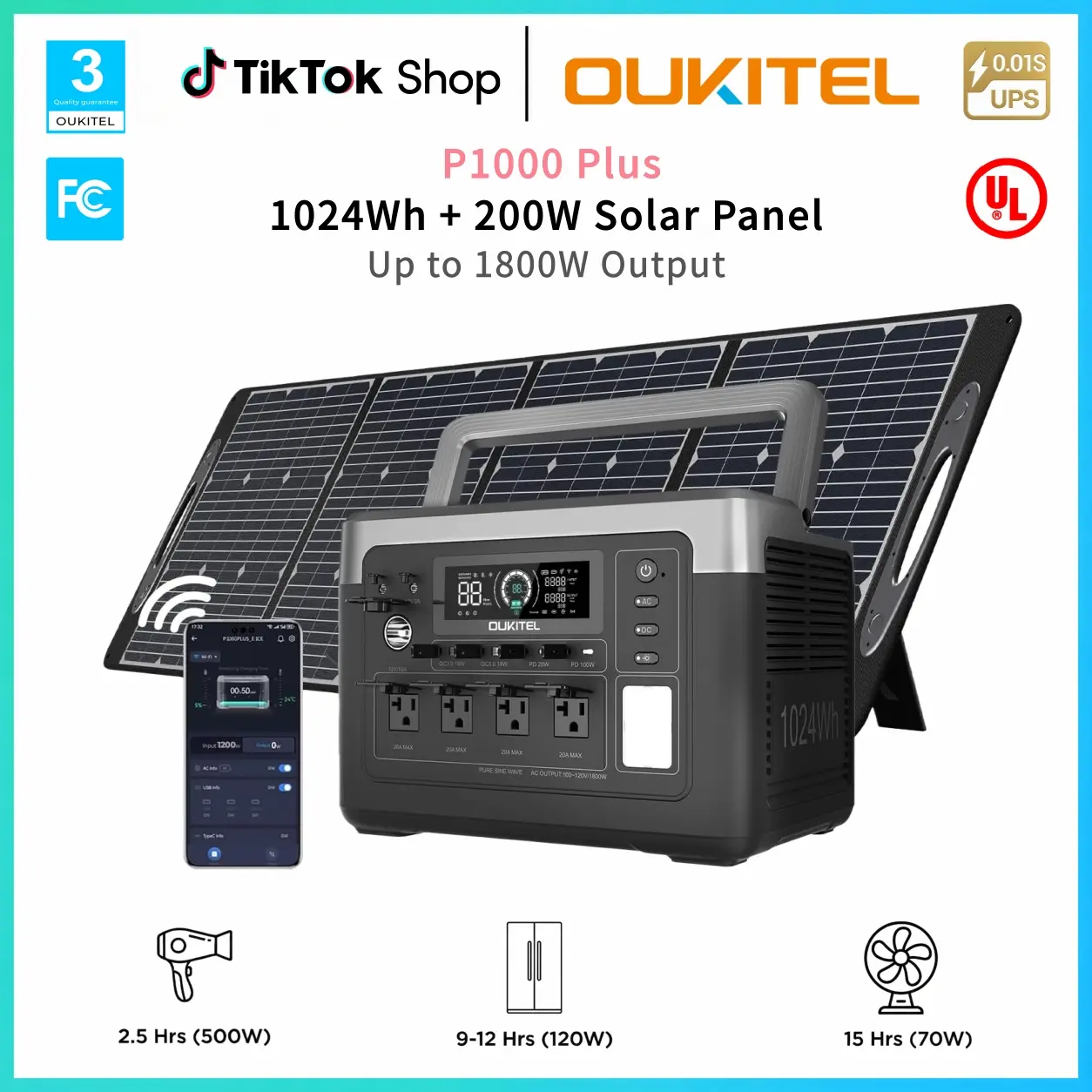 OUKITEL P1000 Plus Portable Power Station 1024Wh 1800W, LiFePO4 Solar Generator with Solar Panel for Outages, Camping & RV