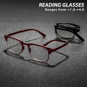 Men's Plastic Square Reading Glasses, Foldable Lightweight Portable Retro Style, Fashion Old Readers Eyewear, 2 Pairs